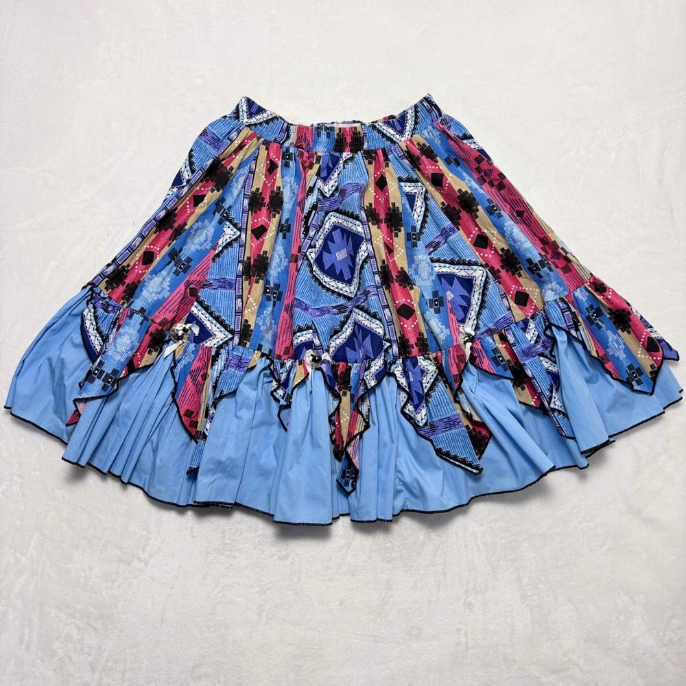 Vtg Western Prairie Skirt M Blue Southwest Aztec Concho Square Dance Full Ruffle